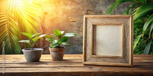 Rustic wooden frame mockup with two potted plants on a weathered wooden table, bathed in warm sunlight, surrounded by lush tropical foliage