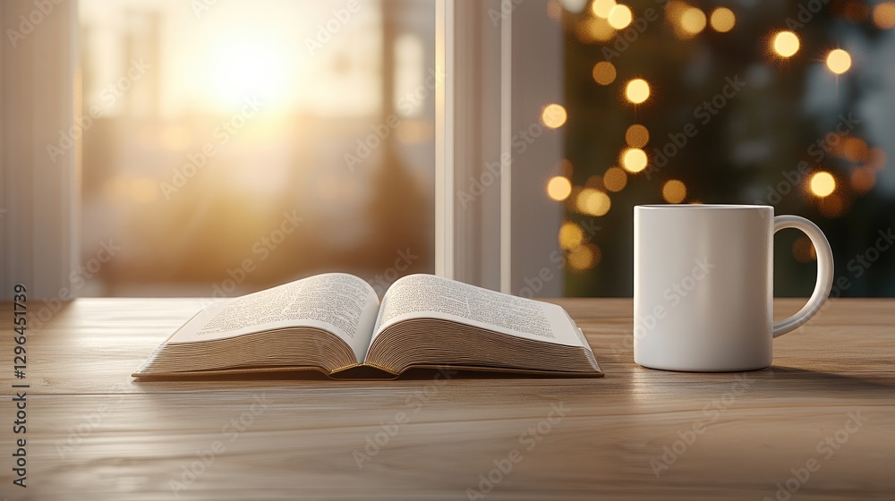 Fototapeta premium A bright coffee mug sits beside an open Bible on a sunlit table, with warm natural light streaming through the window and greenery outside