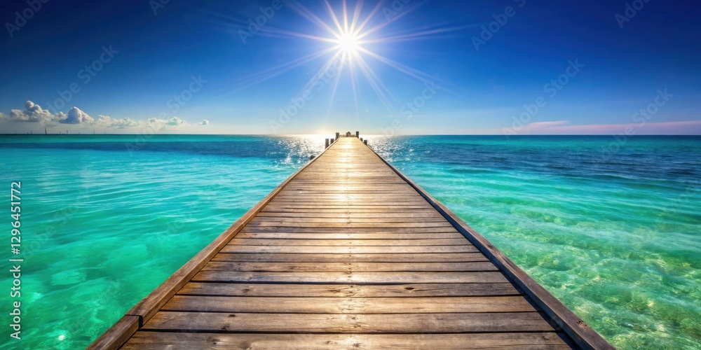 Obraz premium Tranquil Wooden Pier Extending into a Vibrant Turquoise Ocean Under a Bright Sun