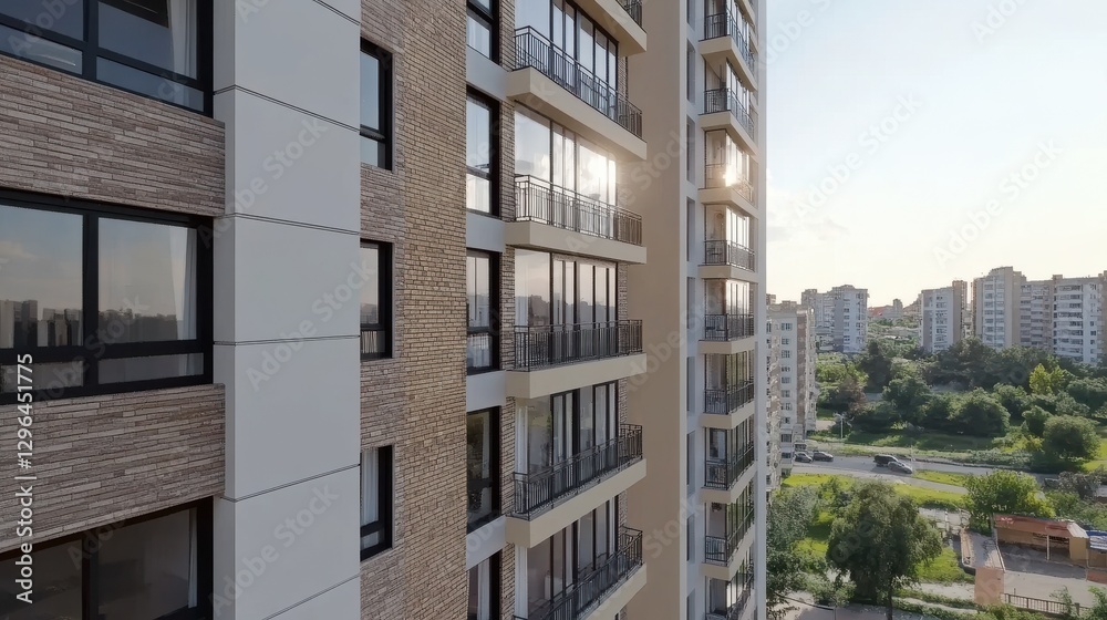 Tilted angle of windows and balcony on modern apartment building Tilted angle of windows and balcony on modern apartment building