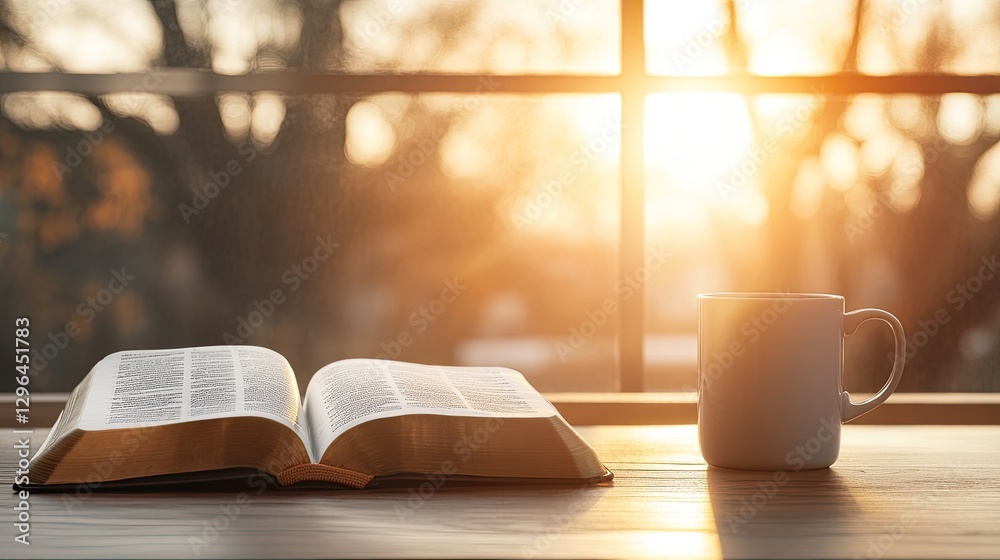 A bright coffee mug sits beside an open Bible on a sunlit table, with warm natural light streaming through the window and greenery outside A bright coffee mug sits beside an open Bible on a sunlit table, with warm natural light streaming through the window and greenery outside