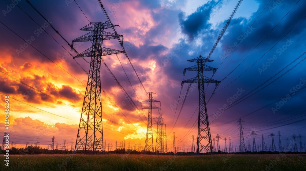 Fototapeta premium A dramatic shot of tall steel electricity transmission towers against a backdrop of stormy skies, capturing the power and majesty of energy infrastructure