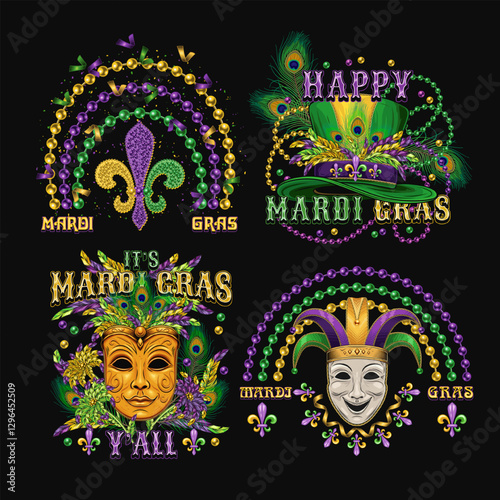 Carnival Mardi Gras labels with masquerade masks, beads, feathers, text. Vintage illustrations on black background. For prints, clothing, t shirt, holiday goods design