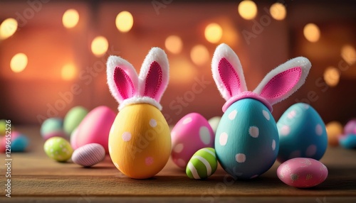 Colorful Easter eggs with bunny hats on a wooden table decorated for spring celebrations 
