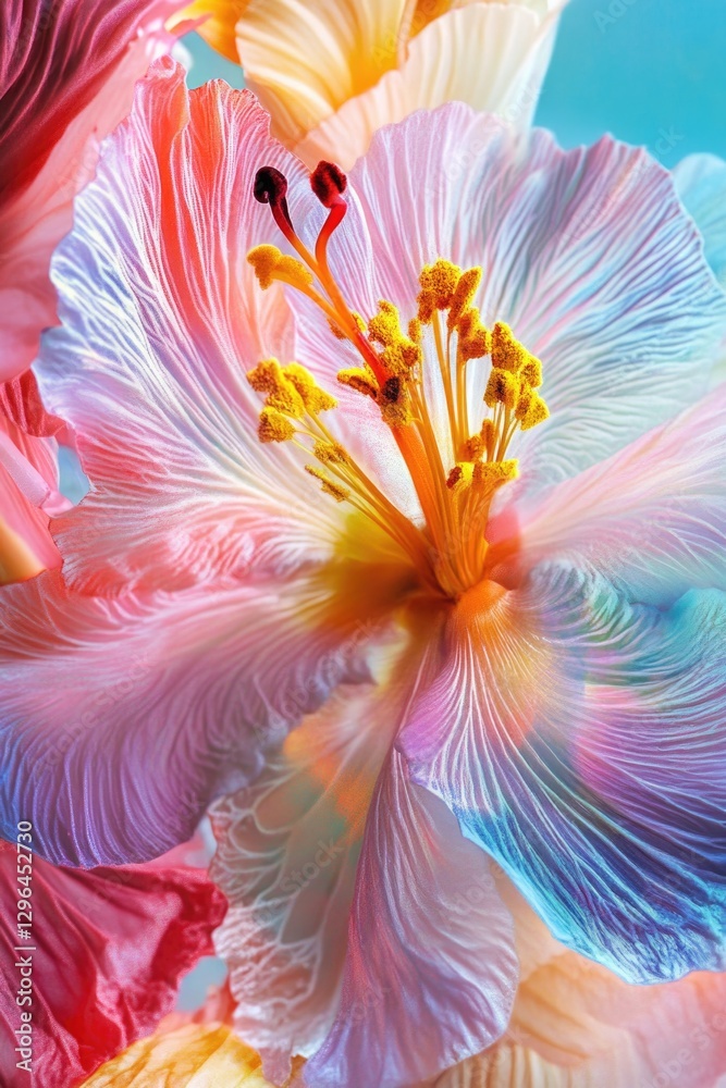 Fototapeta premium Colorful hibiscus blossom with green stem and yellow pistils