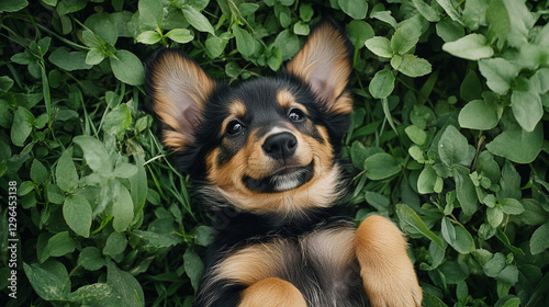 Happy Puppy Relaxing in Grass: A cute, smiling puppy with black and tan fur lies on its back in lush green foliage, enjoying the moment. photo