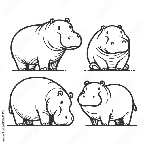 Line art illustration of hippo with different pose