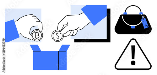 Two hands dropping Bitcoin and dollar coins into a box, a luxury handbag with a price tag, and a warning triangle with an exclamation mark. Ideal for finance, luxury goods, savings, cryptocurrency