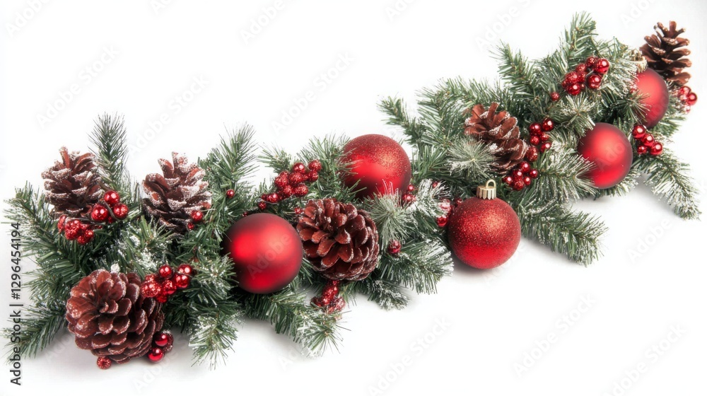 Christmas garland with red ornaments and pine cones, isolated on a white background Christmas garland with red ornaments and pine cones, isolated on a white background