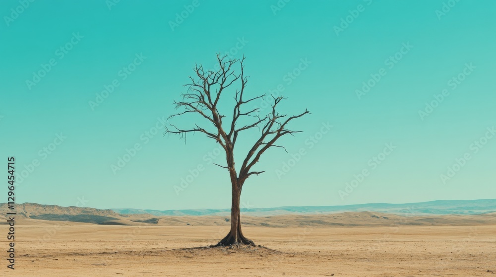 A lone, withered tree standing in a barren desert landscape with no vegetation, the sky a pale blue, symbolizing the effects of climate change on ecosystems A lone, withered tree standing in a barren desert landscape with no vegetation, the sky a pale blue, symbolizing the effects of climate change on ecosystems