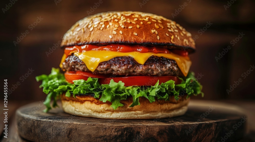 A mouthwatering close-up of a classic cheeseburger stacked high with fresh lettuce, tomato, and melted cheese, served on a rustic wooden board A mouthwatering close-up of a classic cheeseburger stacked high with fresh lettuce, tomato, and melted cheese, served on a rustic wooden board