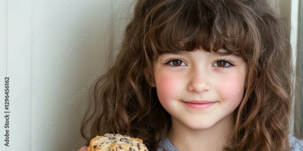 A young girl with curly hair holds a freshly baked chocolate chip cookie, smiling warmly at the camera. The indoor environment appears bright and inviting