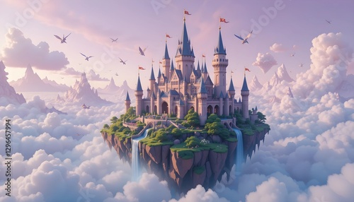 Low Poly Floating Kingdom with Castle and Glowing Banners