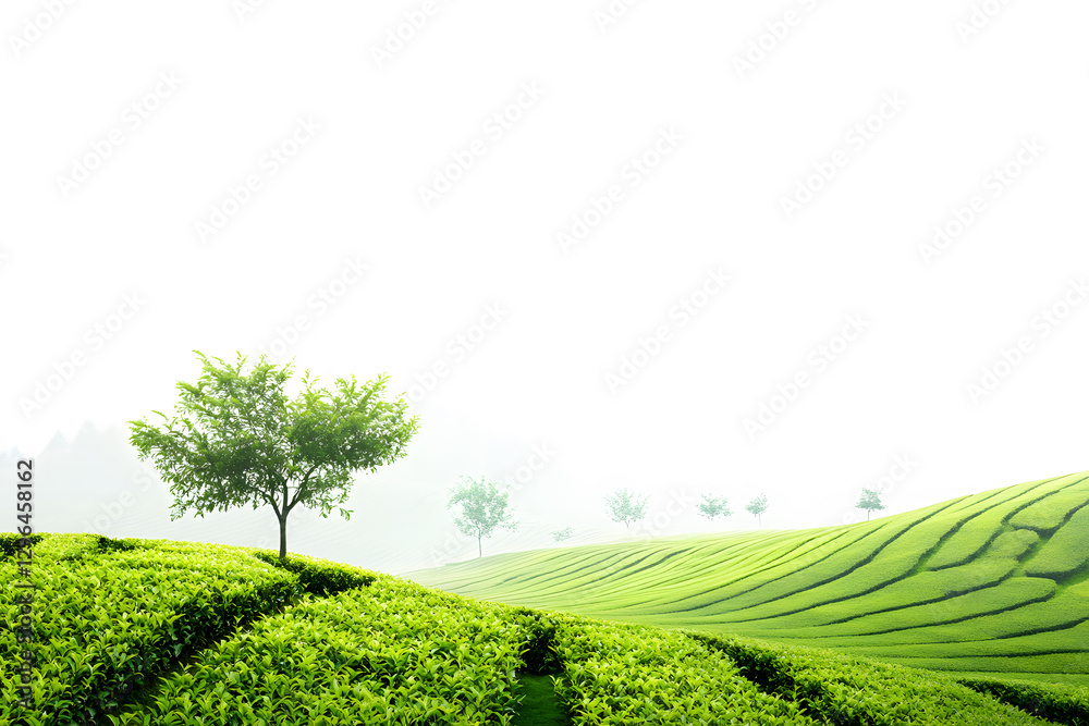 Fototapeta premium Landscape green trees amidst tea plantations plantation mountains with fog and morning sunlight on white background. Texture Background Abstract.