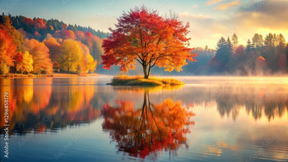 Autumnal Majesty A Solitary Tree on a Misty Lake Reflected in Still Waters, Surrounded by Colorful Fall Foliage Autumnal Majesty A Solitary Tree on a Misty Lake Reflected in Still Waters, Surrounded by Colorful Fall Foliage