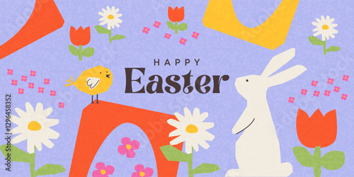 Happy Easter greeting card, poster, holiday cover or web banner. Trendy Easter design with hand drawn flowers, abstract shapes, eggs, Easter bunny, chick. Modern art style template for ads, print