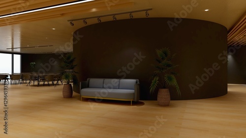 office wooden lobby waiting room for company wall logo mockup