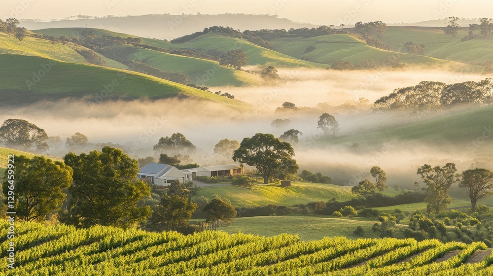 Fototapeta premium Soft Morning Light Filtering Through Rural Fog