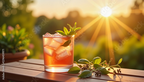 Refreshing sorrel drink with ice on balcony at sunset, summer relaxation
