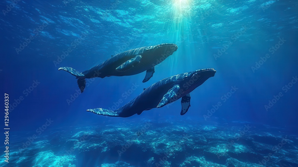 Two large whales swimming together peacefully underwater in ocean Two large whales swimming together peacefully underwater in ocean