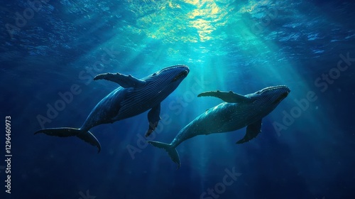 Wallpaper Mural Two large whales swimming gracefully through the deep ocean water Torontodigital.ca