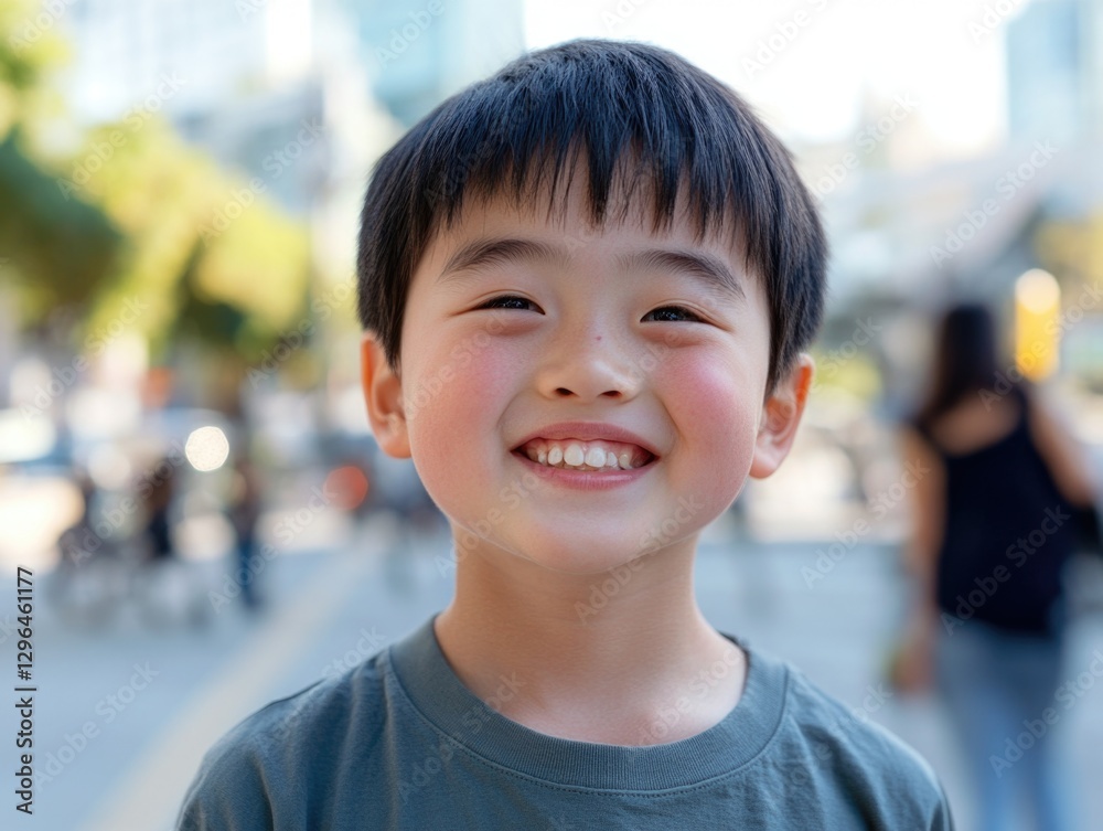 A young boy with a big smile on his face. He is wearing a green shirt. Concept of happiness and joy A young boy with a big smile on his face. He is wearing a green shirt. Concept of happiness and joy