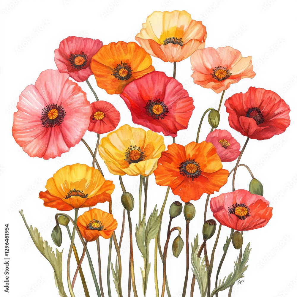 Fototapeta premium Watercolor painted illustration evokes joy and vibrant beauty of poppies