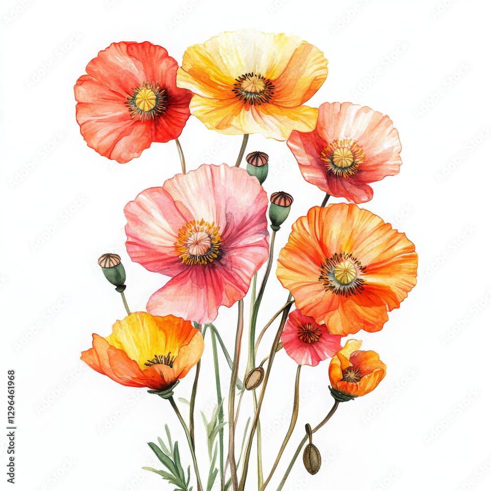 Painted colorful poppies create vibrant, joyful feeling Painted colorful poppies create vibrant, joyful feeling