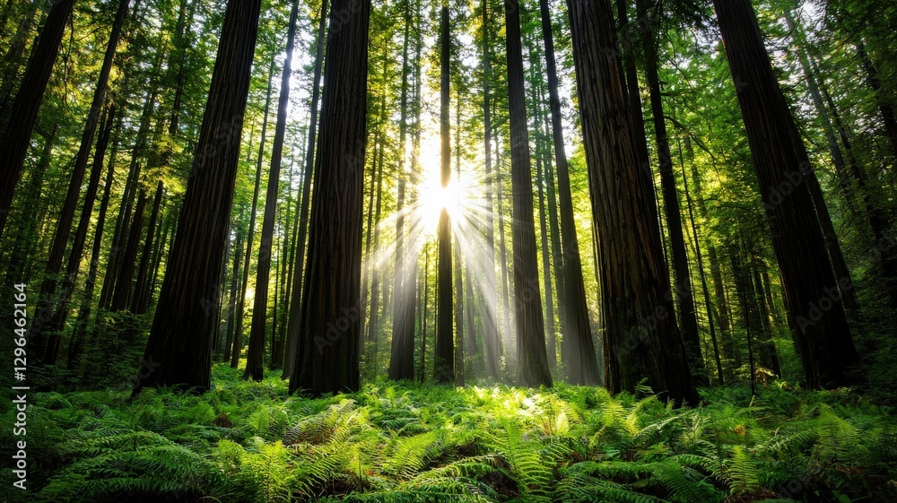 Obraz premium Sunlight streaming through towering redwood trees, lush green ferns covering the forest floor, peaceful and majestic background