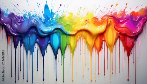 vibrant rainbow acrylic paint drips creating a striking display over white backdrop capturing the essence of colorful artistic expression