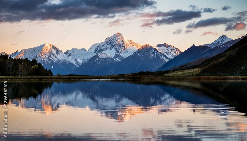 tranquil mountain reflection at dusk with snow capped peaks and cloudy sky tranquil mountain reflection at dusk with snow capped peaks and cloudy sky