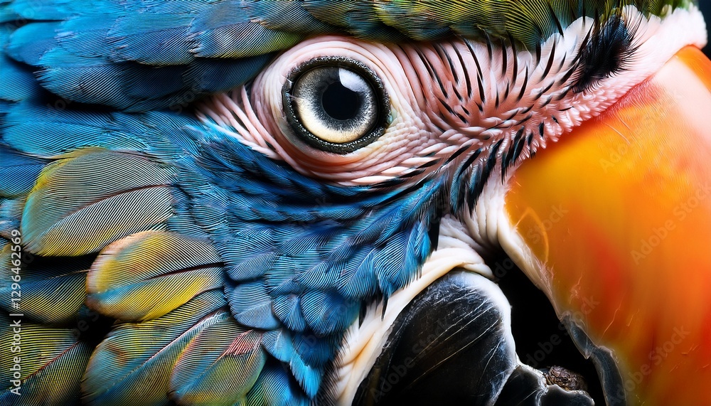 Fototapeta premium A close-up of a parrot’s beak, revealing sharp edges, subtle cracks, and glossy reflections, showcasing the intricate details and vibrant texture.