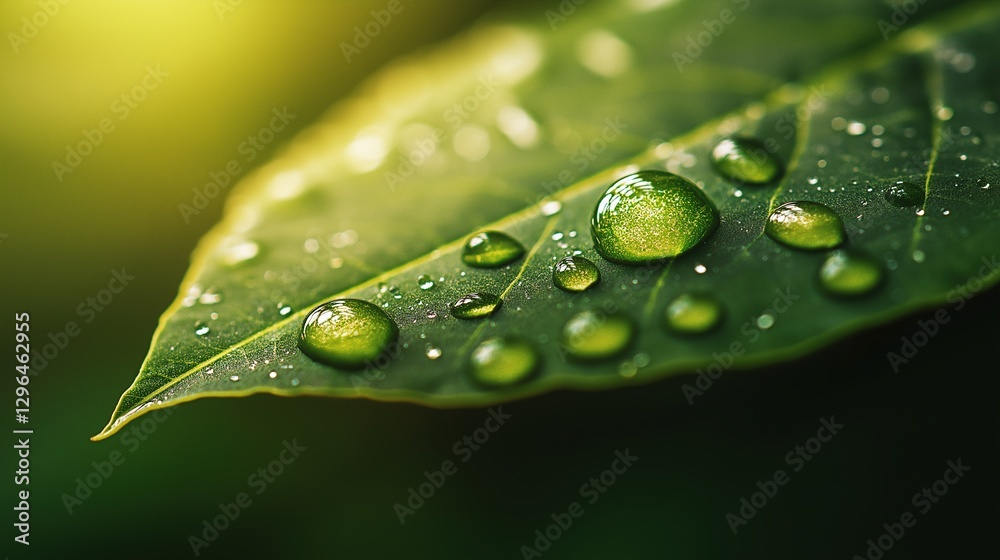 Green Leaves Covered in Fresh Water Droplets . A close-up of water droplets on a green leaf, with a reflection in a glass sphere Green Leaves Covered in Fresh Water Droplets . A close-up of water droplets on a green leaf, with a reflection in a glass sphere