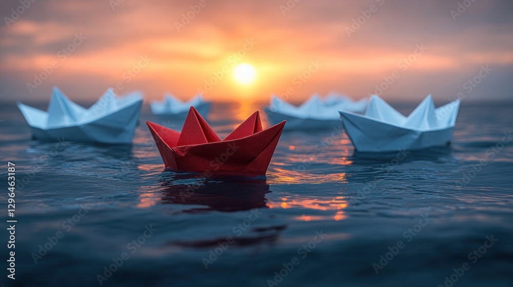 Obraz premium Red paper boat leads white boats at sunset. (1)