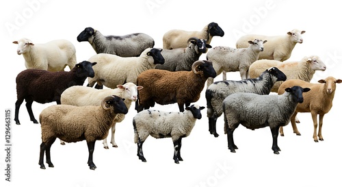A herd of sheep in different colors and patterns, symbolizing the diversity of Qurbani animals, isolated on white