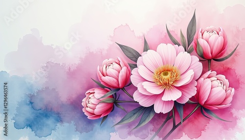 Vibrant Watercolor Pink Peonies Against Soft Pink and Blue Background. A watercolor painting of pink flowers on a pink and blue background.