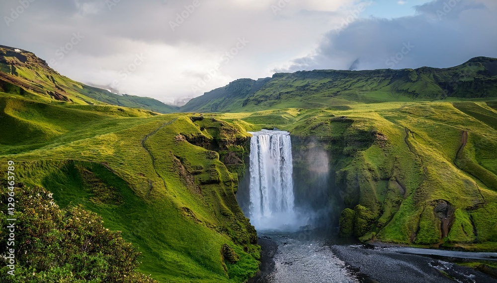 Fototapeta premium majestic waterfall in serene valley with lush green hills and flowing stream in iceland