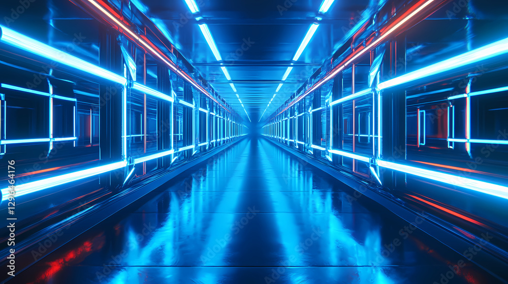 An endless corridor with mirrors and bright blue neon lights, creating an illusion of a deep, reflective space. Infinity Mirror Corridor. Illustration An endless corridor with mirrors and bright blue neon lights, creating an illusion of a deep, reflective space. Infinity Mirror Corridor. Illustration