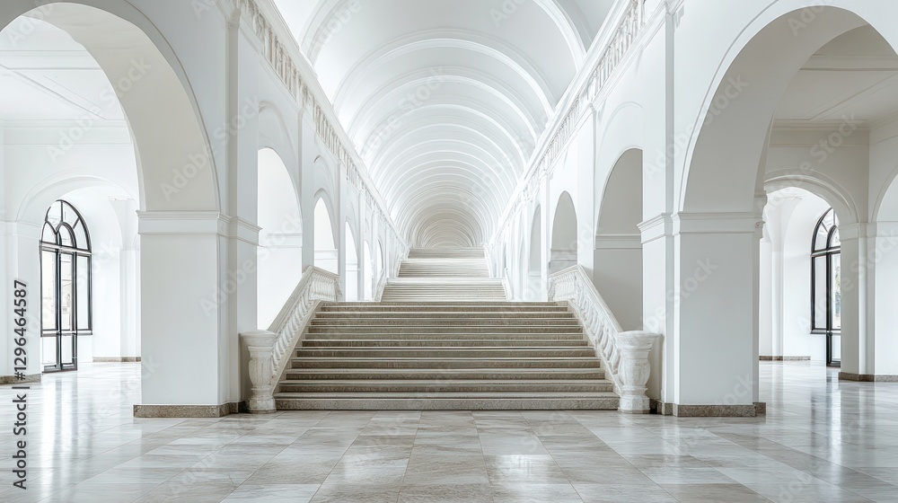 Grand white hall staircase; perspective, architecture, interior, luxury, building Grand white hall staircase; perspective, architecture, interior, luxury, building