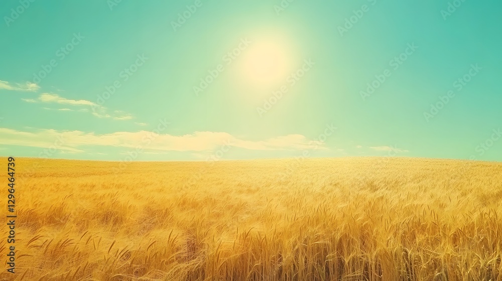 Fototapeta premium A field of golden wheat swaying under a clear emerald sky