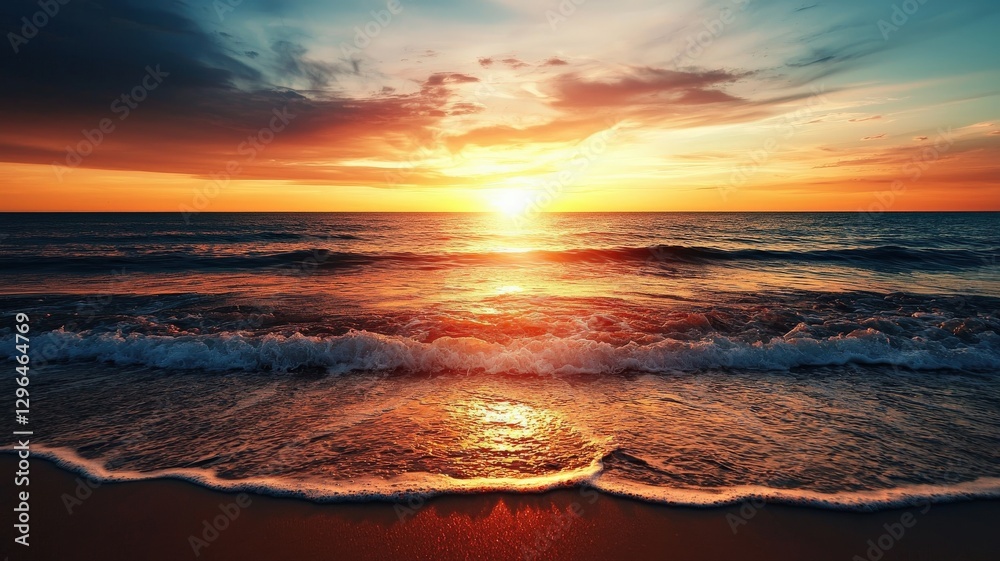 Fototapeta premium Sunset over an endless ocean horizon, waves glowing in warm golden hues, tranquil and serene beach background