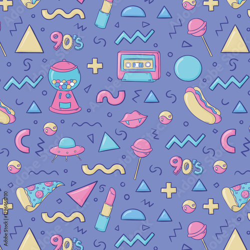 Classic 80s back to 90s elements in modern flat style. Hand drawn sticker set, vector seamless pattern. Fashion patch, badge, emblem with vintage accessories.