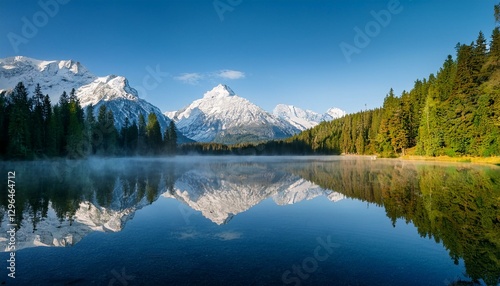 tranquil mountain lake with misty reflections and snow capped peaks