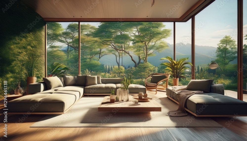 Obraz premium stylish living room featuring large windows and view of a lush outdoor landscape generative ai