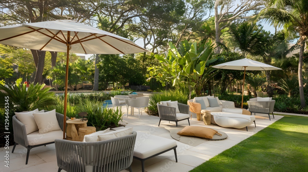 Fototapeta premium Outdoor patio with comfortable lounge furniture and lush greenery surrounding.