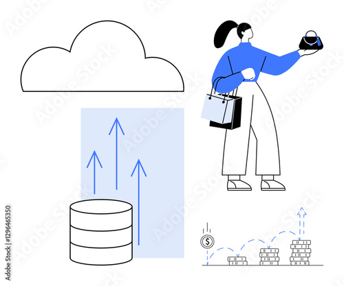 Woman holding a shopping bag and purse, cloud with data storage, arrows indicating growth, and coin stacks representing financial trends. Ideal for e-commerce, cloud storage, online shopping