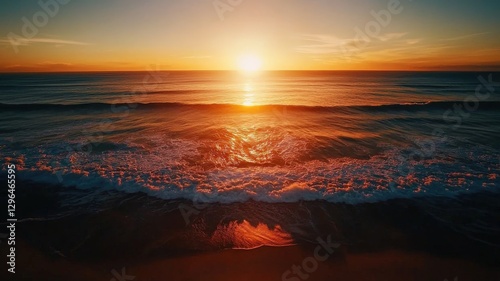 Sunset over an endless ocean horizon, waves glowing in warm golden hues, tranquil and serene beach background