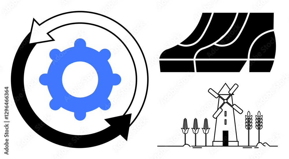 Obraz premium Gear with circular arrows, windmill in a field with crops, and footsteps conveying sustainability. Ideal for renewable energy, agriculture, green technology, eco-friendly practices, recycling, nature