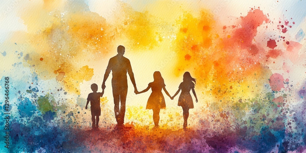 Fototapeta premium Joyful Family Silhouette in a Watercolor Painting of Unity