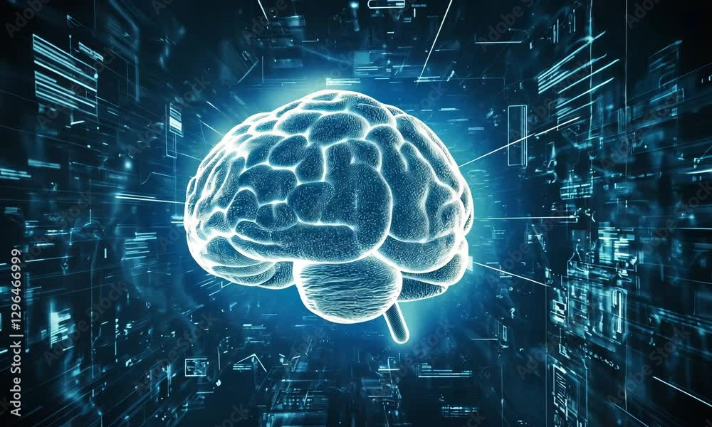 Futuristic digital representation of a glowing brain amidst a high-tech data environment Futuristic digital representation of a glowing brain amidst a high-tech data environment